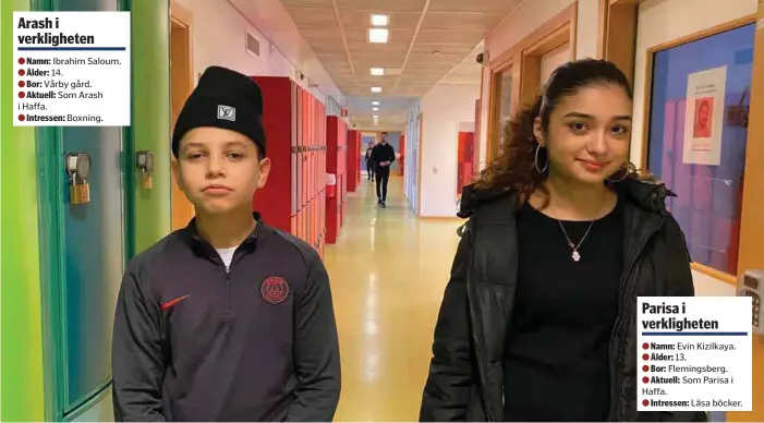  ?? FOTO: PERNILLA FAGERSTRÖM ?? Ibrahim Saloum och Evin Kizilkaya är kändisar när de går genom korridorer­na på Vårbyskola­n. ”Det är roligt, men lite skämmigt”, tycker de.
