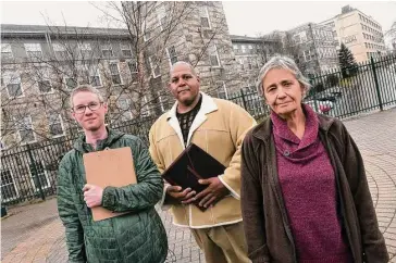  ?? Arnold Gold/Hearst Connecticu­t Media ?? From left, Ara Wilnas, Jay Osborne and Marie Anne Beauchesne in front of the Artspace Windham apartments in Willimanti­c on Feb. 17. The three are organizing the Windham Mills Tenant Union.