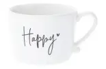  ??  ?? MOTIVIERER Weiße Motto-Tasse „Happy“aus der Bastion Collection. Von Sylter Wohnlust, ca. 15 Euro