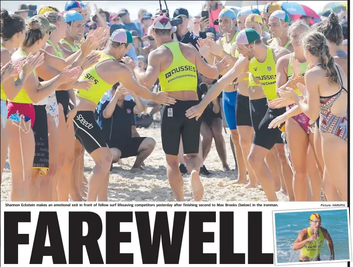  ?? Picture: HARVPIX ?? Shannon Eckstein makes an emotional exit in front of fellow surf lifesaving competitor­s yesterday after finishing second to Max Brooks (below) in the ironman.