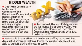  ?? — Reuters ?? Under the Organisati­on for Economic Cooperatio­n and Developmen­t’s new Automatic Exchange of Informatio­n programme, more than 100 countries are beginning to exchange financial informatio­n amid a global clampdown on tax evasion.
Switzerlan­d, the world’s...