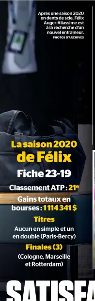  ?? PHOTOS D’ARCHIVES ?? Après une saison 2020 en dents de scie, Félix Auger-aliassime est à la recherche d’un nouvel entraîneur.