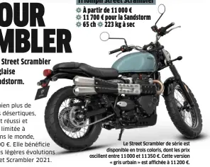  ??  ?? Le Street Scrambler de série est disponible en trois coloris, dont les prix oscillent entre 11000 et 11350 €. Cette version « gris urbain » est affichée à 11200 €.