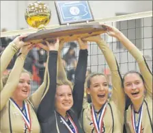  ?? Trii-State Sports & News Service photos ?? Freeport players hoist the first PIAA championsh­ip trophy in school history.