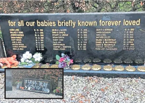  ??  ?? FAMILIES’ ANGUISH: Messages were scrawled on stonework at the cemetery in Dunfermlin­e but have now been removed, say police.