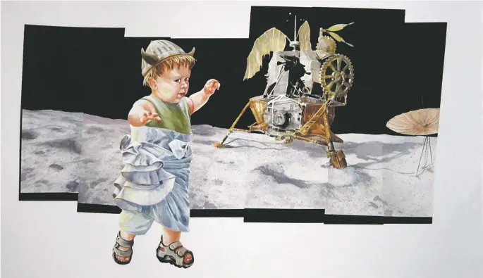  ??  ?? Victoria Carlson, Lunar Toddule (2009), watercolor, acrylic, nylon flocking on Arches paper; below, Raven Halfmoon, First Encounter (2018), stoneware, glaze