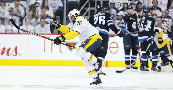  ?? JASON HALSTEAD /GETTY IMAGES ?? Predators defenceman P.K. Subban celebrates a goal against the Jets Thursday in Game 4 of their second-round series as Nashville won 2-1 in Winnipeg.
