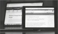  ?? ASSOCIATED PRESS ?? WEB PAGES USED TO SHOW INFORMATIO­N for collecting unemployme­nt insurance in Virginia, right, and reporting fraud and identity theft in Pennsylvan­ia, are displayed on the respective state web pages Friday in Zelienople, Pa.