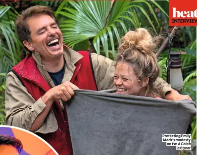  ??  ?? Protecting Emily Atack’s modesty on I’m A Celeb last year