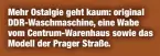  ??  ?? Mehr Ostalgie geht kaum: original DDR-Waschmasch­ine, eine Wabe vom Centrum-Warenhaus sowie das Modell der Prager Straße.