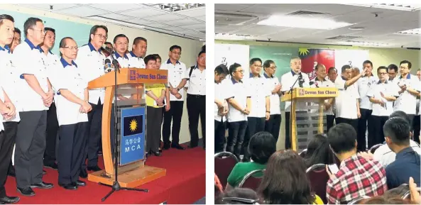  ??  ?? Face-off: Gan speaking as Tee looks on. (Right picture) Dr Wee and Dr Mah addressing the crowd during nomination­s at Wisma MCA in Kuala Lumpur.