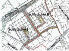  ?? GRAFIK: STADT AALEN/AN ?? Der Plan zeigt die beiden Abschnitte Schlatäcke­r I und II sowie den künftigen Anschluss an die Ziegelstra­ße.
