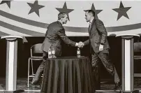  ?? William Luther / Staff file photo ?? Mayor Ron Nirenberg, left, and Greg Brockhouse, shaking hands in 2019, are set for a rematch in the May mayoral race.