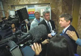  ?? Santiago Mejia / Special to The Chronicle 2016 ?? Harry Stern (right), attorney for S.F. Sheriff ’s Deputy Scott Neu, speaks outside court in 2016. A case charging Neu and two others with arranging inmate gladiator-style fights was dismissed.