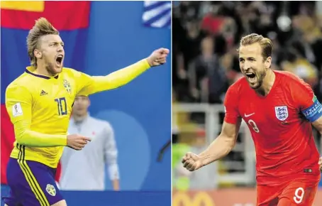  ?? BILD: SN/APA/AFP ?? Leipzig-Spieler Emil Forsberg (l.) fordert mit den Schweden Englands Harry Kane.