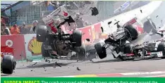  ??  ?? SUDDEN IMPACT: The crash occurred when the drivers made their way around the tight La Source bend just seconds into the race - Hamilton’s car is seen in the middle