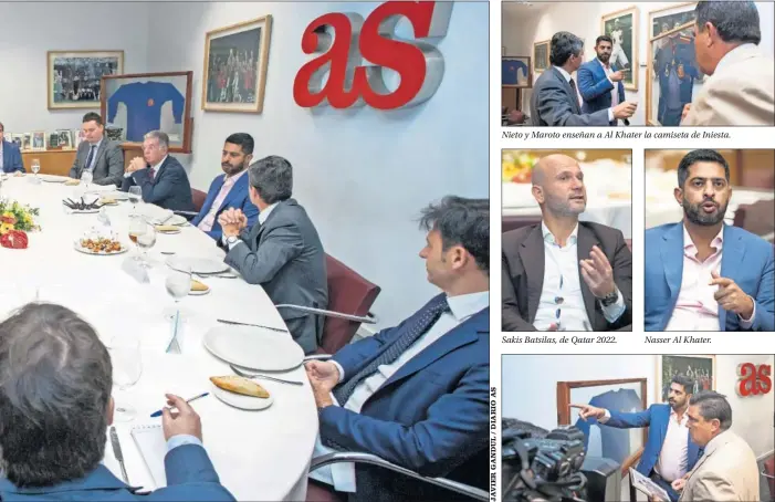  ??  ?? g, Alejandro Elortegui, Nasser Al Khater, Luis Nieto, Jaime Álvaro y Aritz Gabilondo, durante el almuerzo.
Nieto y Maroto enseñan a Al Khater la camiseta de Iniesta.
Sakis Batsilas, de Qatar 2022.
Nasser Al Khater.
Al Khater con Maroto en torno a...