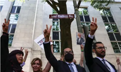  ?? Photograph: Evelyn Hockstein/Reuters ?? 'Jamal Khashoggi Way' unveiled outside of the Saudi embassy in honor of murdered journalist, in Washington DC on Wednesday.
