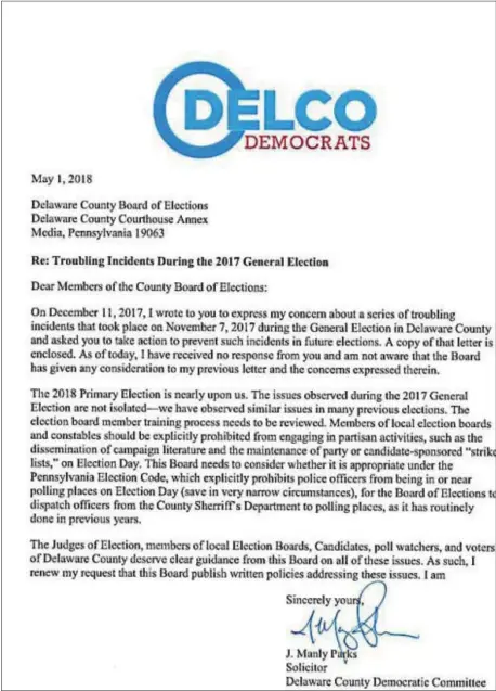  ??  ?? This letter details alleged problems at the polls on election day 2017.