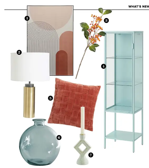  ??  ?? WHERE TO BUY 1 Modern Abstract framed panel, £30, Cox & Cox 2 Lamp with Gold base and white shade, £39.99, Homesense 3 Faux wild rowanberry stem, £20, Oka 4 Rudsta cabinet, £80, Ikea 5 Chunky velvet weave cushion, £20, Next 6 Recycled glass vase, £8, Dunelm 7 Stoneware candle holder, £20, Rose & Grey