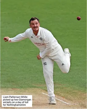  ?? ?? Liam Patterson-white picked up two Glamorgan wickets on a day of toil for Nottingham­shire