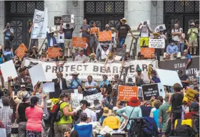  ?? Chris Detrick / Associated Press ?? Hundreds of people gathered in May at the Utah State Capitol in Salt Lake City to protest any developmen­t in Bears Ears and Grand Staircase Monuments.