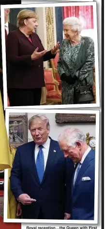  ??  ?? Royal reception…the Queen with First Lady Melania and, from top, Camilla meets Mr Trump, Her Majesty chats to Mrs Merkel and Charles with President