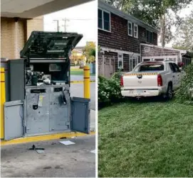  ?? HINGHAM POLICE DEPARTMENT ?? Thieves couldn’t get into this Hingham ATM and fled in a Cadillac Escalade EXT they later abandoned in a backyard.