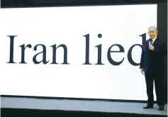  ?? (Amir Cohen/Reuters) ?? PRIME MINISTER Benjamin Netanyahu gives is Iranian intelligen­ce performanc­e in Tel Aviv on April 30.