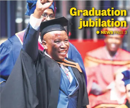  ?? Picture: Jacques Nelles ?? EFF leader Julius Malema is seen receiving his degree in Philosophy during the Unisa Graduation ceremony yesterday in Pretoria.