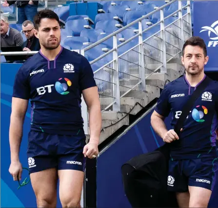  ??  ?? Scotland’s Sean Maitland, left, with captain Greig Laidlaw at the Stade de France in Paris ahead of their Six Nations encounter with France