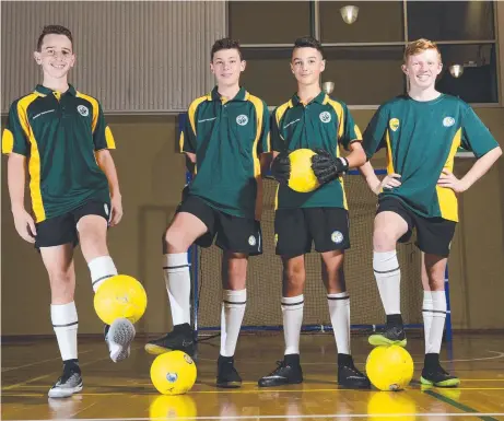  ?? AUSSIE DUTY: Junior futsal stars Mitch McGrath, 13, Brodie Powell, 13, Tyler Boyce, 13, and Zac Mohring, 14. Picture: WESLEY MONTS ??