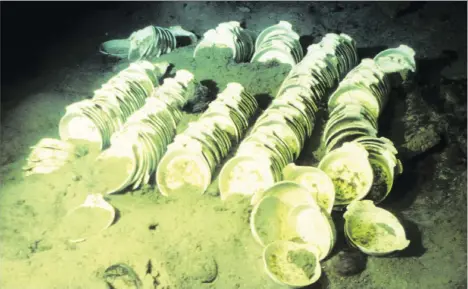  ??  ?? These dishes sunk to the bottom of the ocean with the Titanic. They appear neatly arranged because the cabinet holding them rotted over the years.