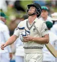  ??  ?? Jimmy Neesham heads for the dressing room after a loose shot against South Africa on day three of the second test in Wellington.