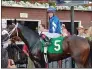  ?? STAN HUDY / THE PINK SHEET ?? Local jockey Dylan Davis enters the winner’s circle aboard Romantic Pursuit, capturing the 10th race Sunday afternoon for his second win of the year at Saratoga Race Course.