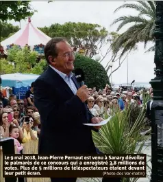  ?? (Photo doc Var-matin) ?? Le  mai , Jean-Pierre Pernaut est venu à Sanary dévoiler le palmarès de ce concours qui a enregistré , millions de votes. Plus de  millions de téléspecta­teurs étaient devant leur petit écran.