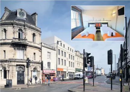  ??  ?? An artist’s impression of how the developmen­t on West Street would look; inset, an easyHotel room