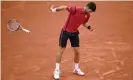  ?? Photograph: Martin Bureau/AFP/Getty Images ?? Djokovic bounces his racket during his quarter-final against Tomas Berdych at the 2016 French Open, nearly striking a line judge in the process.