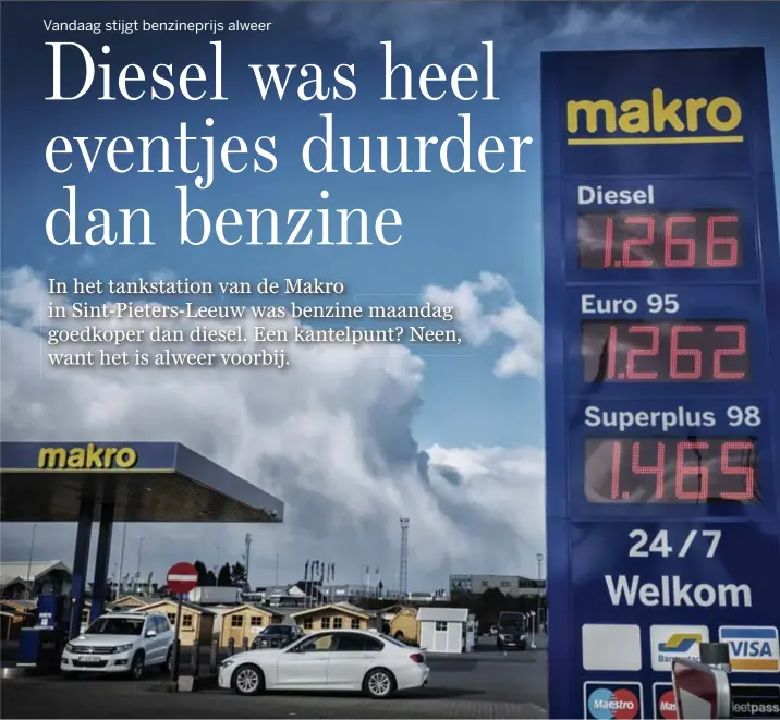  ?? © Tim Dirven ?? Maandag 26 februari: een historisch moment. Heel even ligt de prijs voor een liter diesel boven die van Euro 95benzine.