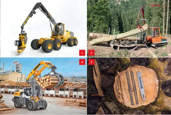  ??  ?? Above clockwise:
1. The all-new Tigercat 1185 wheel harvester weighs in at 34 tonnes – it’s getting closer to a tracked harvester in clear-felling. 2. If the going really gets tough, the Swiss have an answer – the Swiss Tracked Forwarder.
3....