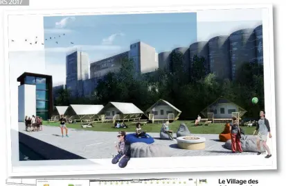  ??  ?? Le Village des écluses, qui comprendra notamment 46 «micromaiso­ns» (ci-haut) sera installé, de mai à octobre, aux abords du parc des Écluses, cette pointe de terre qui scinde le canal de Lachine en deux bassins (plan à gauche).