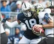  ?? BARRY REEGER — THE ASSOCIATED PRESS ?? Penn State defensive end Shaka Toney (18) sacks Purdue quarterbac­k Jack Plummer (13) in State College, Pa., on Saturday, Oct. 5, 2019.