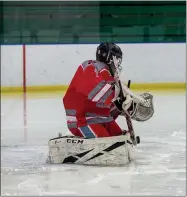  ?? AIMEE BIELOZER — FOR THE NEWS-HERALD ?? Mentor goaltender Garrett Davis makes a save, part of a 39-save afternoon to lead the Cardinals to a 2-1doubleove­rtime upset of Gilmour on Feb. 27in a Brooklyn East District semifinal.