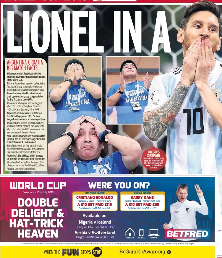  ??  ?? DIEGO’S DESPAIR Maradona could only look on in horror as the former winners were crushed by Croatia