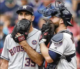  ?? CHARLES KRUPA / ASSOCIATED PRESS FILE ?? Astros right-hander Justin Verlander and catcher Brian McCann will be restricted to six mound visits per a nine-inning game without a pitching change. The move is being implemente­d to create less dead time in the game.