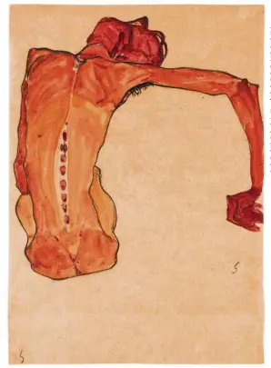  ?? (HULYA KOLABAS FOR NEUE GALERIE NEW YORK) ?? Egon Schiele, «Nu masculin assis, vu de dos», 1910. Aquarelle, gouache et crayon gras sur papier,43,8 x 31,1 cm.