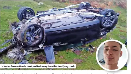  ?? ?? Iestyn Brown-Morris, inset, walked away from this terrifying crash