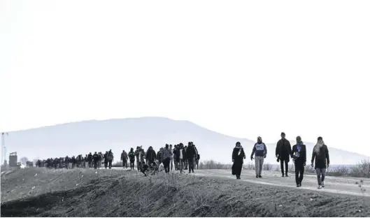  ?? EFE / TOLGA BOZOGLU ?? Cientos de refugiados caminan cerca del fronterizo río Evros, entre Grecia y Turquía, en la región de Edirne, ayer.