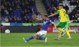  ?? Photograph: David Klein/Reuters ?? Jamie Vardy slides in to score his and Leicester’s second goal in their 3-0 home victory against Norwich.