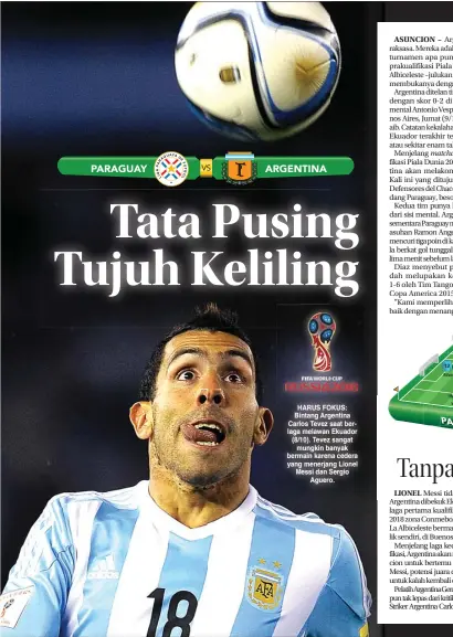  ??  ?? HARUS FOKUS: Bintang Argentina Carlos Tevez saat berlaga melawan Ekuador (8/10). Tevez sangat
mungkin banyak bermain karena cedera yang menerjang Lionel Messi dan Sergio
Aguero.
matchday